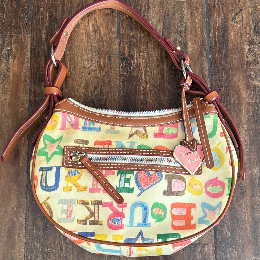 Dooney & Bourke Multicolor Doodle Canvas Shoulder Bag with Tan Leather Trim